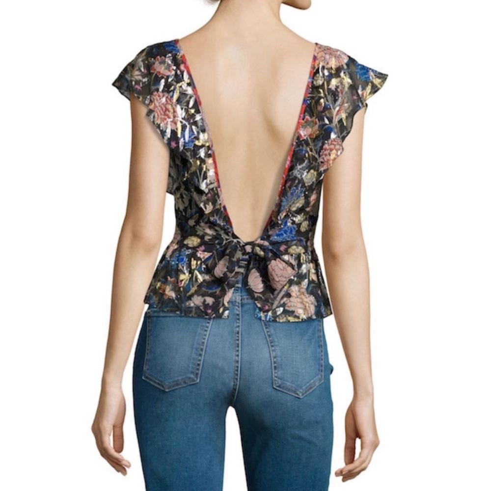Ba&Sh Tie-Back Top Black Noir, Jami Metallic Floral Silk